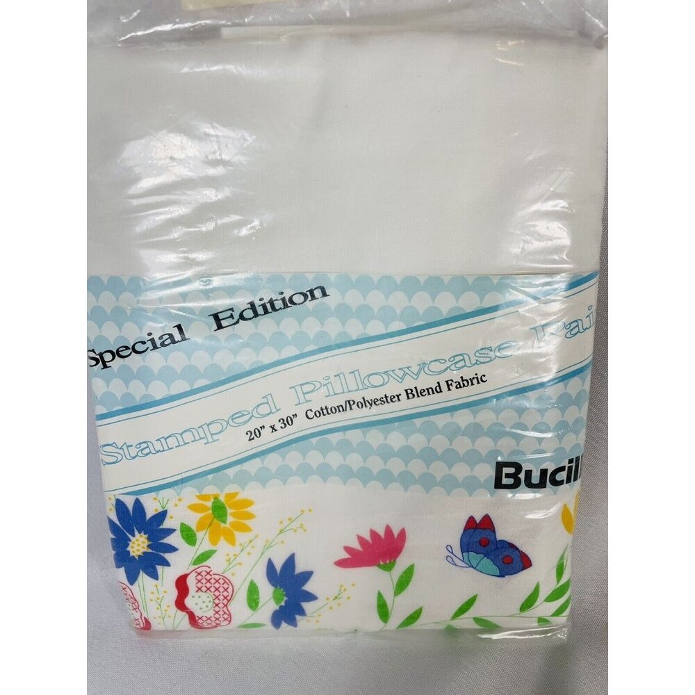Vintage Stamped Pillowcase Pair Special Edition Bucilla Floral Butterfly 30”